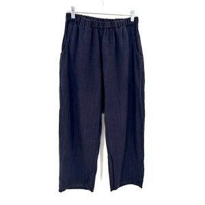 FLAX Women's Black Linen Cotton Pull On Lagenlook Wide Straight Leg Pants Small